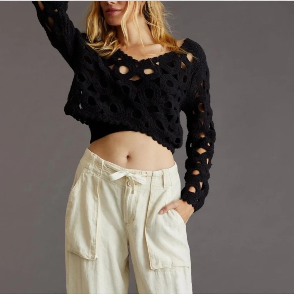 Anthropologie Maeve Cut-Out Crochet Topper in Black One Size MSRP $130